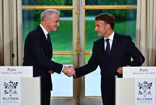 President Macron And Norwegian PM Gahr Store Press Conference - Paris President Emmanuel Macron receives Jonas Gahr Store, Prime Minister of the Kingdom of Norway, at the Elysée Palace in Paris, France on May 27, 2026, with discussions focusing on strengthening defense cooperation between the two countries. Photo by Christian Liewig Pool ABACAPRESS.COM Paris France  Copyright: xLiewigxChristian Pool ABACAx