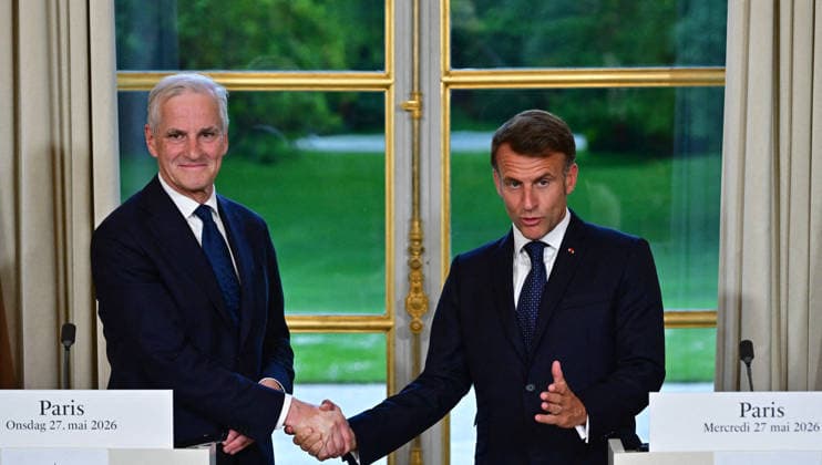 President Macron And Norwegian PM Gahr Store Press Conference - Paris President Emmanuel Macron receives Jonas Gahr Store, Prime Minister of the Kingdom of Norway, at the Elysée Palace in Paris, France on May 27, 2026, with discussions focusing on strengthening defense cooperation between the two countries. Photo by Christian Liewig Pool ABACAPRESS.COM Paris France  Copyright: xLiewigxChristian Pool ABACAx