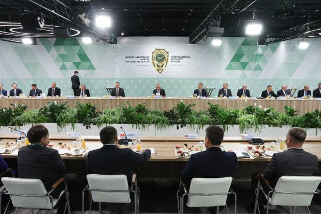 RUSSIA, MOSCOW REGION - MAY 28, 2026: Russian Security Council Secretary Sergei Shoigu (C back) attends an informal meeting of secretaries of security councils of the CIS states on the sidelines of the 1st International Security Forum. Valery Sharifulin TASS  93123813