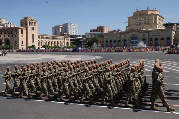 ARMENIA, YEREVAN - MAY 28, 2026: Servicemen march in formation during a military parade in Republic Square marking the 103rd anniversary of the First Armenian Republic. Alexander Patrin TASS  93123906