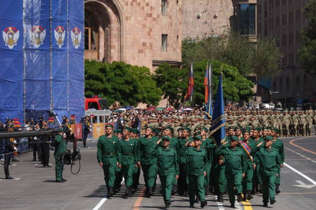 ARMENIA, YEREVAN - MAY 28, 2026: Servicemen march in formation during a military parade in Republic Square marking the 103rd anniversary of the First Armenian Republic. Alexander Patrin TASS  93123952