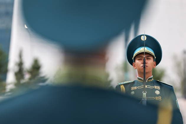 KAZAKHSTAN, ASTANA - MAY 28, 2026: Honour guards are seen outside the Independence Palace during a welcome ceremony marking the arrival of Russia s President Vladimir Putin. The Russian president arrived in Kazakhstan on a state visit. Alexander Kazakov Russian Presidential Press and Information Office TASS  93123984