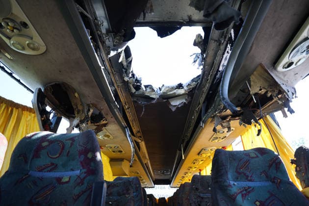 RUSSIA, DONETSK PEOPLE S REPUBLIC - MAY 28, 2026: The interior a Makeyevka-to-Sevastopol intercity coach damaged in a drone attack near Donetsk. Dmitry Yagodkin TASS  93124333
