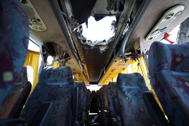 RUSSIA, DONETSK PEOPLE S REPUBLIC - MAY 28, 2026: The interior a Makeyevka-to-Sevastopol intercity coach damaged in a drone attack near Donetsk. Dmitry Yagodkin TASS  93124335