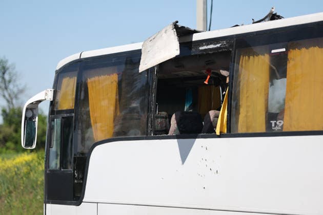 RUSSIA, DONETSK PEOPLE S REPUBLIC - MAY 28, 2026: A view of a Makeyevka-to-Sevastopol intercity coach damaged in a drone attack near Donetsk. Dmitry Yagodkin TASS  93124229