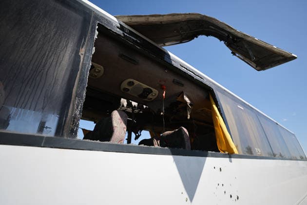 RUSSIA, DONETSK PEOPLE S REPUBLIC - MAY 28, 2026: A view of a Makeyevka-to-Sevastopol intercity coach damaged in a drone attack near Donetsk. Dmitry Yagodkin TASS  93124236
