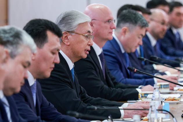 KAZAKHSTAN, ASTANA - MAY 28, 2026: Kazakhstan s President Kassym-Jomart Tokayev (3rd L) is seen ahead of Kazakh-Russian talks attended by Russia s President Vladimir Putin at the Independence Palace. Alexander Shcherbak TASS  93124309