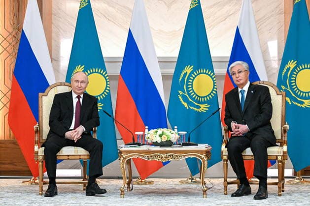 KAZAKHSTAN, ASTANA - MAY 28, 2026: Russia s President Vladimir Putin (L) and Kazakhstan s President Kassym-Jomart Tokayev are seen during a meeting at the Independence Palace. Sergei Bobylev TASS  93124956