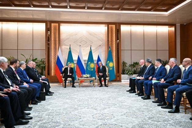 KAZAKHSTAN, ASTANA - MAY 28, 2026: Russia s President Vladimir Putin and Kazakhstan s President Kassym-Jomart Tokayev (L-R centre) are seen during a meeting at the Independence Palace. Sergei Bobylev TASS  93124932