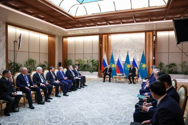 KAZAKHSTAN, ASTANA - MAY 28, 2026: Russia s President Vladimir Putin and Kazakhstan s President Kassym-Jomart Tokayev (L-R centre) are seen during a meeting at the Independence Palace. Alexander Kazakov Russian Presidential Press and Information Office TASS  93125142
