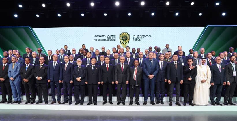 RUSSIA, MOSCOW REGION - MAY 28, 2026: Russian Security Council Secretary Sergei Shoigu (C) poses for a group photograph at the opening of the 14th International Meeting of High Representatives for Security Issues on the sidelines of the 1st International Security Forum. Valery Sharifulin TASS  93125464