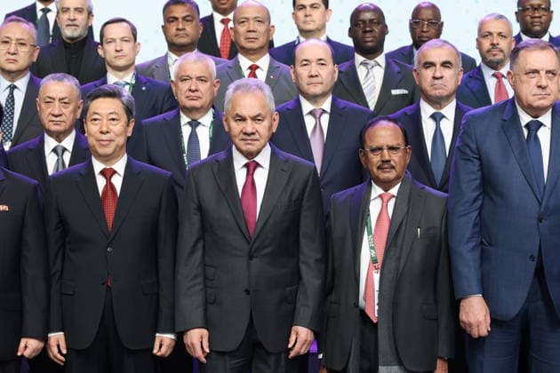 RUSSIA, MOSCOW REGION - MAY 28, 2026: Russian Security Council Secretary Sergei Shoigu (2nd L front) poses for a group photograph at the opening of the 14th International Meeting of High Representatives for Security Issues on the sidelines of the 1st International Security Forum. Valery Sharifulin TASS  93125501