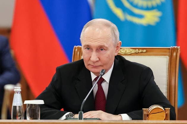KAZAKHSTAN, ASTANA - MAY 28, 2026: Russia s President Vladimir Putin looks on during Kazakh-Russian talks at the Independence Palace. Sergei Bobylev TASS  93125777