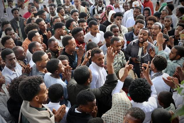 Muslims celebrate Eid al-Adha with traditional Dibe drums in Ethiopia ADDIS ABABA, ETHIOPIA - MAY 28: Muslims celebrate Eid al-Adha and Eid al-Fitr by singing hymns accompanied by a drum known as the dibe in Addis Ababa, Ethiopia on May 28, 2026. After exchanging holiday greetings, the young people celebrated by playing the dibe drums they had brought with them. Erkut Kargin Anadolu Addis Ababa Ethiopia. Editorial use only. Please get in touch for any other usage.  Copyright: x2026xAnadoluxErkutxKarginx