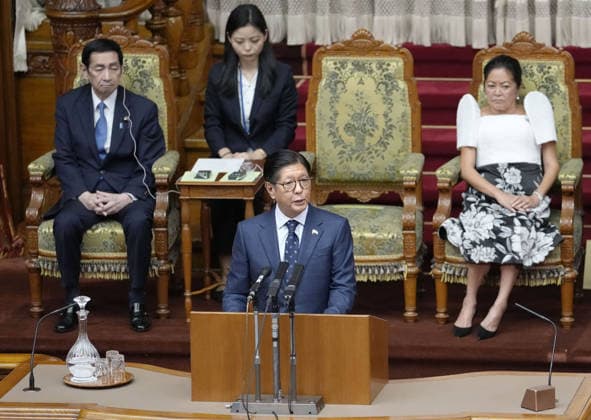 Philippine president in Japan s parliament Philippine President Ferdinand Marcos Jr. makes a speech in the plenary chamber of the House of Councillors in Tokyo on May 28, 2026.  A14AA0005617041P