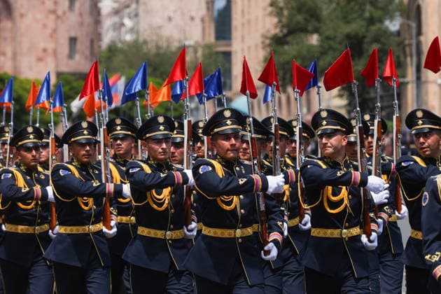 ARMENIA, YEREVAN - MAY 28, 2026: Servicemen march in formation during a military parade in Republic Square marking the 103rd anniversary of the First Armenian Republic. Alexander Patrin TASS  93126429