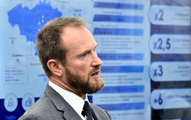 Thales Belgium CEO Alain Quevrin pictured during a visit to the Thales rocket systems production site in Herstal, on Thursday 28 May 2026. French aerospace and defence corporation Thales Group is presenting their SkyDefender missile defence system.  ERICxLALMAND 175246645