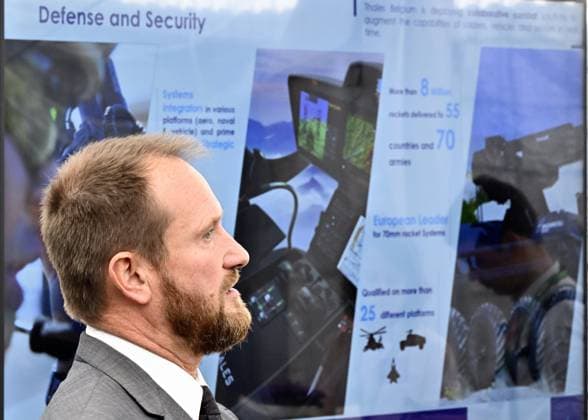 Thales Belgium CEO Alain Quevrin pictured during a visit to the Thales rocket systems production site in Herstal, on Thursday 28 May 2026. French aerospace and defence corporation Thales Group is presenting their SkyDefender missile defence system.  ERICxLALMAND 175246650
