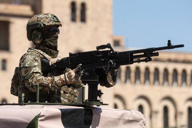ARMENIA, YEREVAN - MAY 28, 2026: A serviceman takes part in a military parade in Republic Square marking the 103rd anniversary of the First Armenian Republic. Alexander Patrin TASS  93125953