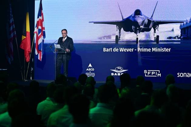 Prime Minister Bart De Wever delivers a speech at the official opening of the new production line dedicated to the F-35 program of aerospace company Sonaca, on Thursday 28 May 2026 in Sonacas site in Gosselies, Charleroi.  DIRKxWAEM 175249081
