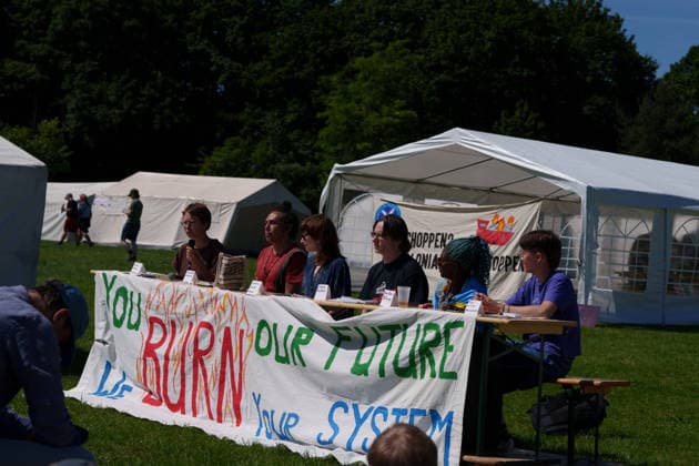 Climate Camp activists prepare for demonstration weekend in Hamm Germany - Hamm, 28.05.2026 Climate Camp activists (from left) Tomke Jansen from ende gelaende, Juan Pablo Gutierrez, Veronika Mandel, Jürgen Blümer, Ina-Maria Shikongo, Fran Leitner from ende gelaende give press conference ahead of planned demonstrations against fossil gas infrastructure in Hamm. Organizers announced actions and protests scheduled for Friday and Saturday. North Rhine-Westphalia