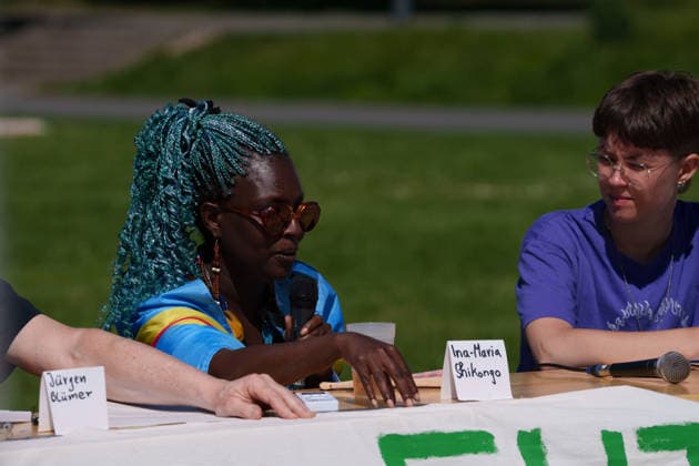 Climate Camp activists prepare for demonstration weekend in Hamm Germany - Hamm, 28.05.2026 Climate Camp activist Ina-Maria Shikongo and Fran Leitner from ende gelaende speaks during press conference ahead of planned demonstrations against fossil gas infrastructure in Hamm. Organizers announced actions and protests scheduled for Friday and Saturday. North Rhine-Westphalia