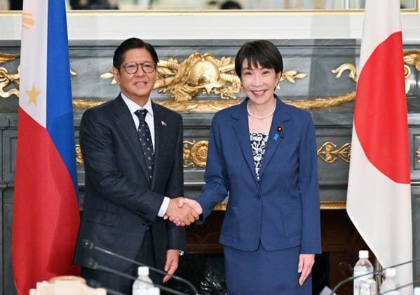 Japan-Philippines summit Japanese Prime Minister Sanae Takaichi (R) and Philippine President Ferdinand Marcos Jr. shake hands before their talks at the State Guest House in Tokyo on May 28, 2026. (Pool photo)  A14AA0005617048P