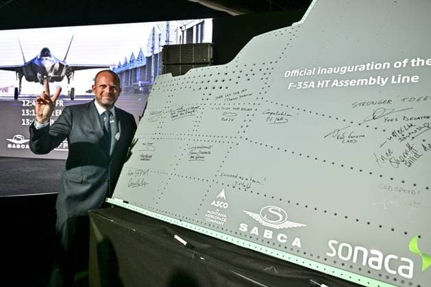 Minister of Defence and Foreign Trade Theo Francken poses for the photographer after the official opening of the new production line dedicated to the F-35 program of aerospace company Sonaca, on Thursday 28 May 2026 in Sonacas site in Gosselies, Charleroi.  DIRKxWAEM 175256476
