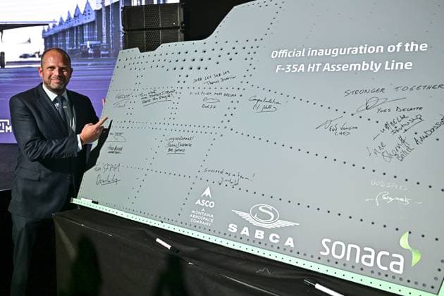 Minister of Defence and Foreign Trade Theo Francken poses for the photographer after the official opening of the new production line dedicated to the F-35 program of aerospace company Sonaca, on Thursday 28 May 2026 in Sonacas site in Gosselies, Charleroi.  DIRKxWAEM 175256482