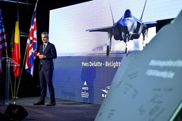 Sonaca CEO Yves Delatte delivers a speech at the official opening of the new production line dedicated to the F-35 program of aerospace company Sonaca, on Thursday 28 May 2026 in Sonacas site in Gosselies, Charleroi.  DIRKxWAEM 175257061