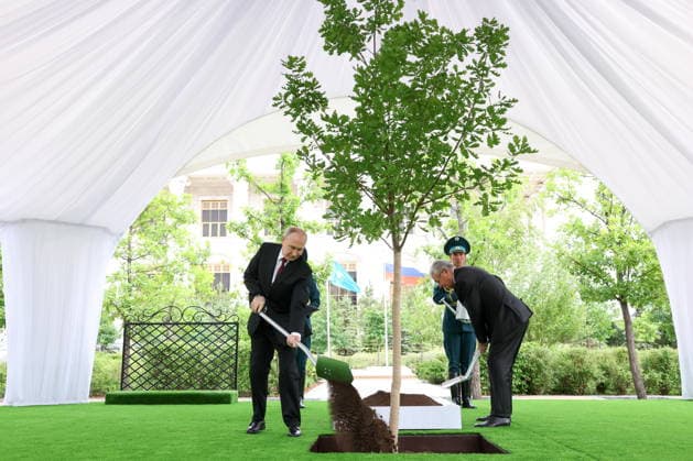 KAZAKHSTAN, ASTANA - MAY 28, 2026: Russia s President Vladimir Putin (L) and Kazakhstan s President Kassym-Jomart Tokayev take part in a tree-planting ceremony on the Alley of Eternal Friendship between Russia and Kazakhstan. Alexander Kazakov Russian Presidential Press and Information Office TASS  93130610