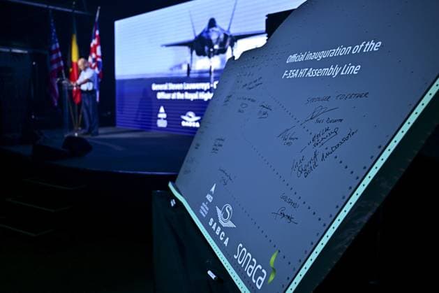 Signatures and messages of personnalities on rear wing of the F35 at the official opening of the new production line dedicated to the F-35 program of aerospace company Sonaca, on Thursday 28 May 2026 in Sonacas site in Gosselies, Charleroi.  DIRKxWAEM 175257593
