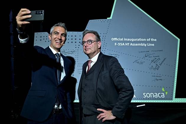 Sonaca CEO Yves Delatte and Prime Minister Bart De Wever pose for the photographer at the official opening of the new production line dedicated to the F-35 program of aerospace company Sonaca, on Thursday 28 May 2026 in Sonacas site in Gosselies, Charleroi.  DIRKxWAEM 175257619