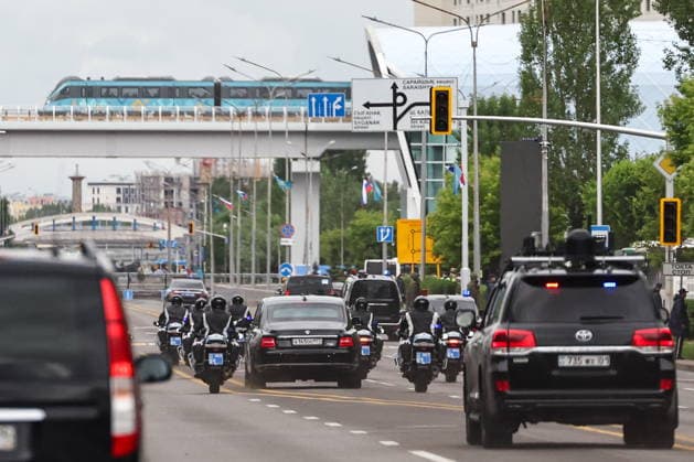 KAZAKHSTAN, ASTANA - MAY 28, 2026: A motorcade of Russia s President Vladimir Putin during his state visit to Kazakhstan. Alexander Kazakov Russian Presidential Press and Information Office TASS  93130780