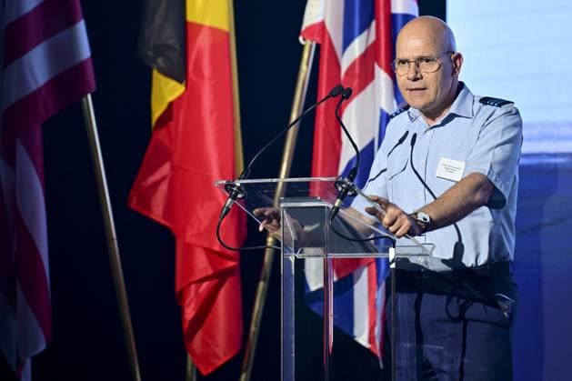 General Steven Lauwereys, Chief Strategy and Policy Officer delivers a speech at the official opening of the new production line dedicated to the F-35 program of aerospace company Sonaca, on Thursday 28 May 2026 in Sonacas site in Gosselies, Charleroi.  DIRKxWAEM 175257978