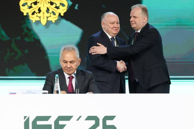 RUSSIA, MOSCOW REGION - MAY 28, 2026: Russian Security Council Secretary Sergei Shoigu, Rosoboronexport general director Alexander Mikheyev, and Deputy Secretary of the Russian Security Council Alexander Venediktov (L-R) attend the opening of the 14th International Meeting of High Representatives for Security Issues on the sidelines of the 1st International Security Forum Russia  - ZUMAt113 20260528_zaa_t113_373 Copyright: xValeryxSharifulinx