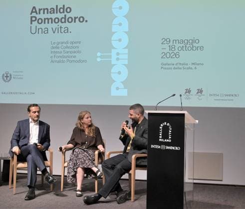 IPA85136701 - Milan,Italy Arnaldo Pomodoro exhibition opening Arnaldo Pomodoro: a life exhibition and institutional conference at Gallerie d Italia in Milan with Fondazione Arnaldo Pomodoro In the photo:Luca Massimo Barbero and Federico Giani curators of the exhibition  Copyright: xNickxZonnax xNickxZonnax 85136701