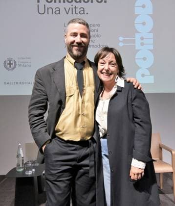 RECORD DATE NOT STATED IPA85136672 - Milan,Italy Arnaldo Pomodoro exhibition opening Arnaldo Pomodoro: a life exhibition and institutional conference at the Gallerie d Italia in Milan with the Arnaldo Pomodoro Foundation In the photo:Federico Giani curator of the exhibition,Carlotta Montebello general director of the Arnaldo Pomodoro Foundation  Copyright: xx xx 85136672