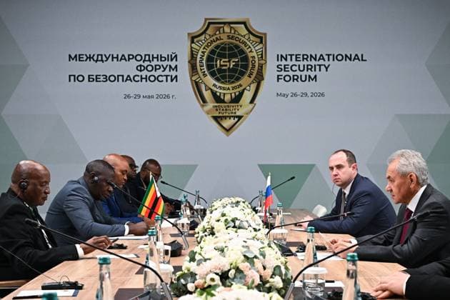 Russia International Security Forum 9175345 28.05.2026 Zimbabwean Minister of State for National Security Lovemore Matuke, left, and Russian Security Council Secretary Sergei Shoigu, right, attend a meeting on the sidelines of the 1st International Security Forum (ISF) at Live Arena, outside Moscow, Russia. Kristina Solovyova Sputnik Moscow region Russia  Copyright: xKristinaxSolovyovax