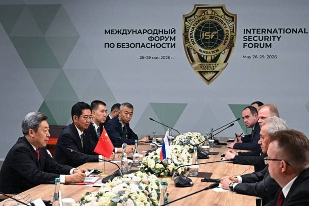 Russia International Security Forum 9175383 28.05.2026 Member of the Political Bureau of the Communist Party of China (CPC) Central Committee and head of the Commission for Political and Legal Affairs of the CPC Central Committee Chen Wenqing, left, and Russian Security Council Secretary Sergei Shoigu, second right, attend a meeting on the sidelines of the 1st International Security Forum (ISF) at Live Arena, outside Moscow, Russia. Kristina Solovyova Sputnik Moscow region Russia  Copyright: xKristinaxSolovyovax