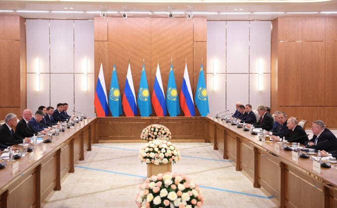 May 28, 2026, Astana, Kazakhstan: Russian President Vladimir Putin, right, listens to Kazakh President Kassym-Jomart Tokayev, center left, during an expanded format bilateral meeting at the Palace of Independence, May 28, 2026 in Astana, Kazakhstan. Astana Kazakhstan - ZUMAp138 20260528_zaa_p138_025 Copyright: xAlexanderxKazakov RussianxGovernx