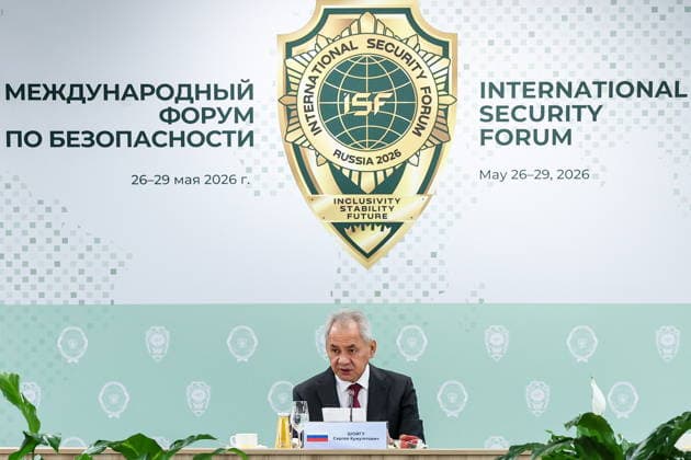 RUSSIA, MOSCOW REGION - MAY 28, 2026: Russian Security Council Secretary Sergei Shoigu (C) attends an informal meeting of secretaries of security councils of the CIS states on the sidelines of the 1st International Security Forum. Valery Sharifulin TASS  93132996