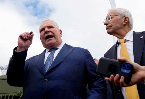 May 28, 2026, Ottawa, On, Canada: Premier of Ontario Doug Ford responds to questions with Victor Fedeli, Ontario Minister of Economic Development, Job Creation and Trade, after a news conference at the Canadian Association of Defence and Security Industries annual defence industry trade show CANSEC, in Ottawa, on Thursday, May 28, 2026. Ottawa Canada  - ZUMAc35_ 20260528_zaf_c35_012 Copyright: xJustinxTangx