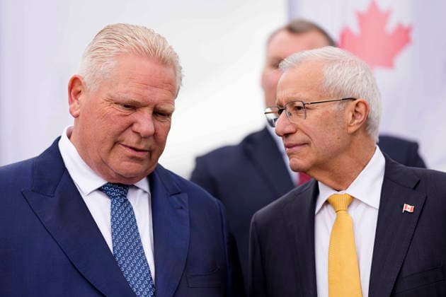 May 28, 2026, Ottawa, On, Canada: Premier of Ontario Doug Ford and Vic Fedeli, Ontario Minister of Economic Development, Job Creation and Trade, participate in a news conference at the Canadian Association of Defence and Security Industries annual defence industry trade show CANSEC, in Ottawa, on Thursday, May 28, 2026. Ottawa Canada  - ZUMAc35_ 20260528_zaf_c35_013 Copyright: xJustinxTangx