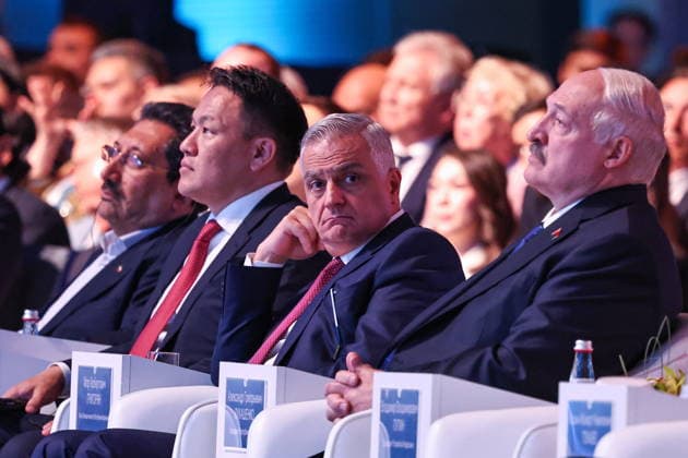 KAZAKHSTAN, ASTANA - MAY 28, 2026: Belarus President Alexander Lukashenko and Armenia s Deputy Prime Minister Mher Grigoryan (R-L) attend a plenary session of the 5th Eurasian Economic Forum. Alexander Kazakov Russian Presidential Press and Information Office TASS  93139709