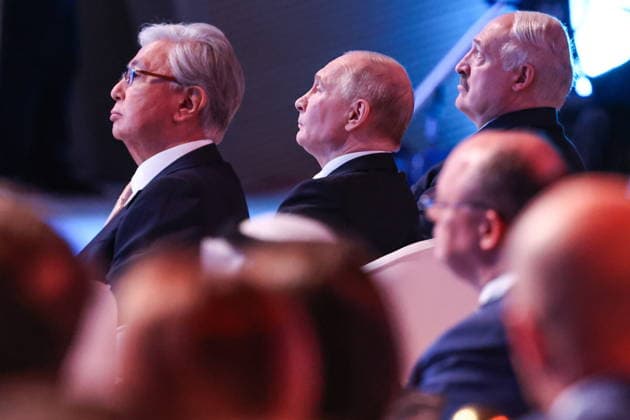 KAZAKHSTAN, ASTANA - MAY 28, 2026: Kazakhstan s President Kassym-Jomart Tokayev, Russia s President Vladimir Putin and Belarus President Alexander Lukashenko (L-R) attend a plenary session of the 5th Eurasian Economic Forum Astana Kazakhstan  - ZUMAt113 20260528_zaa_t113_545 Copyright: xAlexanderxKazakovx