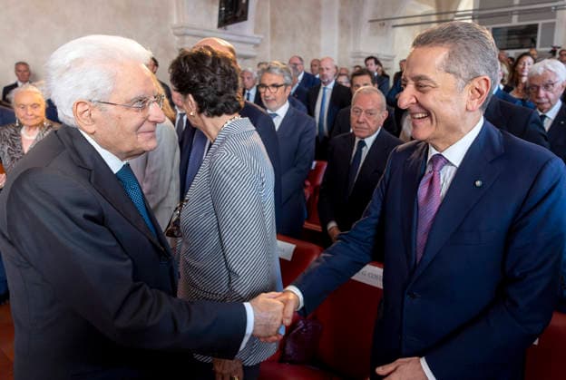 May 28, 2026, Rome, Rome, Italy: President Sergio Mattarella, at the conclusion of the ceremony naming two rooms in the Stables of Palazzo Altieri in memory of the Presidents Emeritus of the Italian Banking Association, Professor Piero Barucci and Knight Labour Maurizio Sella, greets the Governor of the Bank of Italy, Flavio Panetta. Rome, 28 05 2026 *** Local Caption *** Il Presidente Sergio Mattarella al termine della cerimonia di intitolazione di due Sale delle Scuderie di Palazzo Altieri in memoria dei Presidenti emeriti dellÃ¢â‚¬â ¢Associazione Bancaria italiana, Prof. Piero Barucci e Cav. Lav. Maurizio Sella, saluta il Governatore della Banca d Italia Flavio Panetta. Roma, 28 05 2026 Rome Italy  - ZUMAa289 20260528_zia_a289_195 Copyright: xPaoloxGiandottix xAgfx