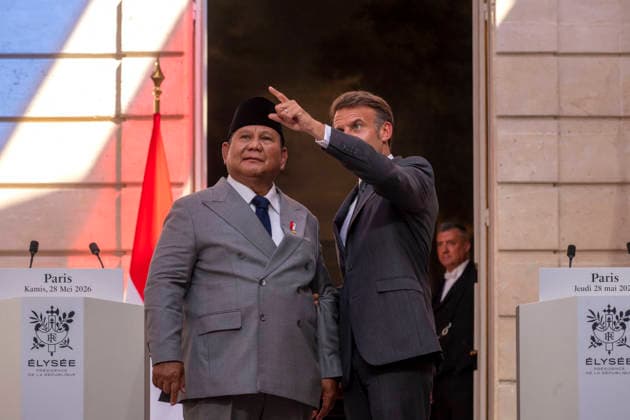Le président de la République française Emmanuel Macron et le président indonésien Prabowo Subianto lors dune conférence de presse conjointe au palais présidentiel de lÉlysée à Paris, France, le 28 mai 2026 Xavier Popy Pool Bestimage French President Emmanuel Macron and Indonesias President Prabowo Subianto during a joint press statement at The Elysee Presidential Palace in Paris, France, on May 28, 2026 Paris France  Copyright: xXavierxPopy Pool BestimagexXavierxPopy Pool Bestimagex