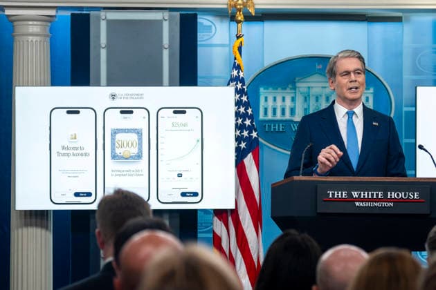 Treasury Secretary Bessent Holds Press Conference to Announce Trump Accounts App Secretary of the Treasury Scott Bessent speaks during a press briefing in the James S. Brady Briefing Room at the White House in Washington, DC on Thursday, May 28, 2026. Bessent spoke about the Trump Accounts app, a provision of Trump’s tax legislation, would be launched today, which gives every newborn with an account opened by their parents $1,000 to be invested in the stock market by private firms and made accessible when they turn 18. Photo by Bonnie Cash Pool ABACAPRESS.COM WASHINGTON DC United States  Copyright: xPool ABACAx