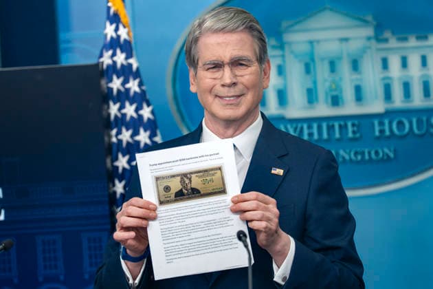 Treasury Secretary Bessent Holds Press Conference to Announce Trump Accounts App Secretary of the Treasury Scott Bessent holds an article about the proposed Trump $250 banknote during a press briefing in the James S. Brady Briefing Room at the White House in Washington, DC on Thursday, May 28, 2026. Bessent spoke about the Trump Accounts app, a provision of Trump’s tax legislation, would be launched today, which gives every newborn with an account opened by their parents $1,000 to be invested in the stock market by private firms and made accessible when they turn 18. Photo by Bonnie Cash Pool ABACAPRESS.COM WASHINGTON DC United States  Copyright: xPool ABACAx